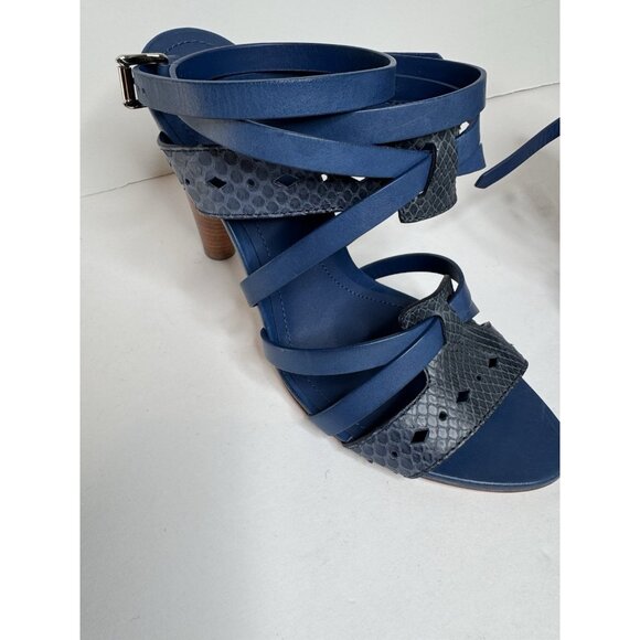 Tod’s Blue 4” Heel Leather Ankle Strappy Tie Sandal 38 Size 8 MINT - Picture 4 of 11